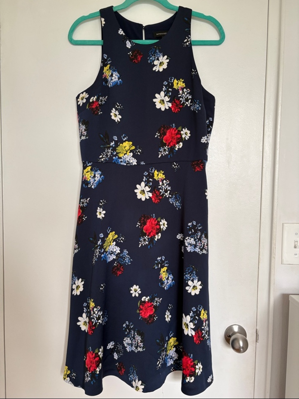 Banana Republic Navy Floral Midi Dress with Red, Yellow & White Blooms